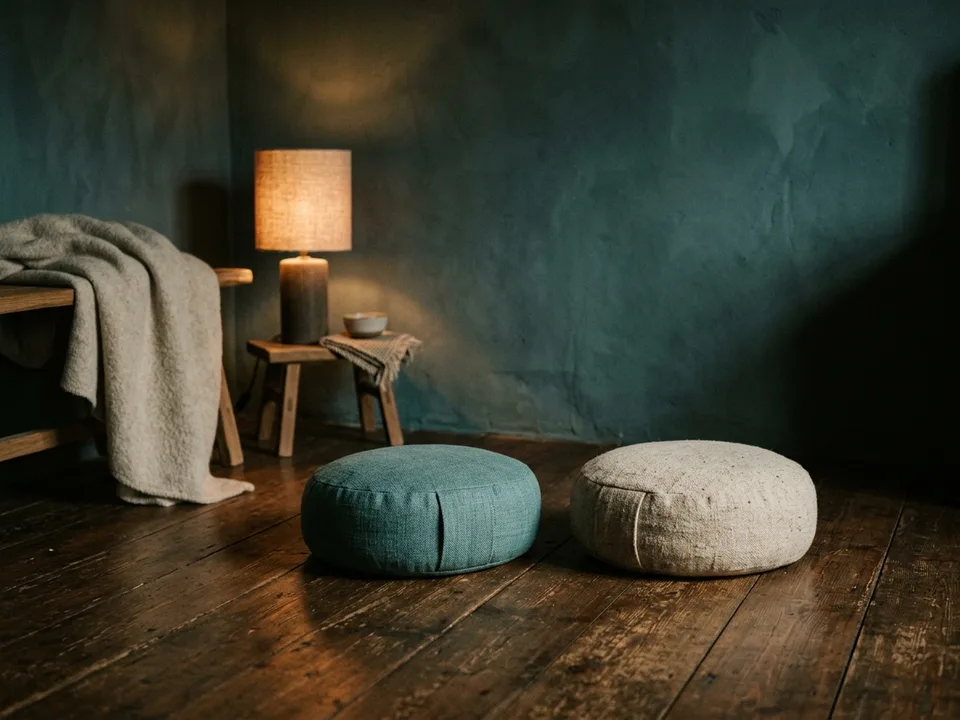 Two round meditation cushions on a bare wooden floor beside a low lamp
