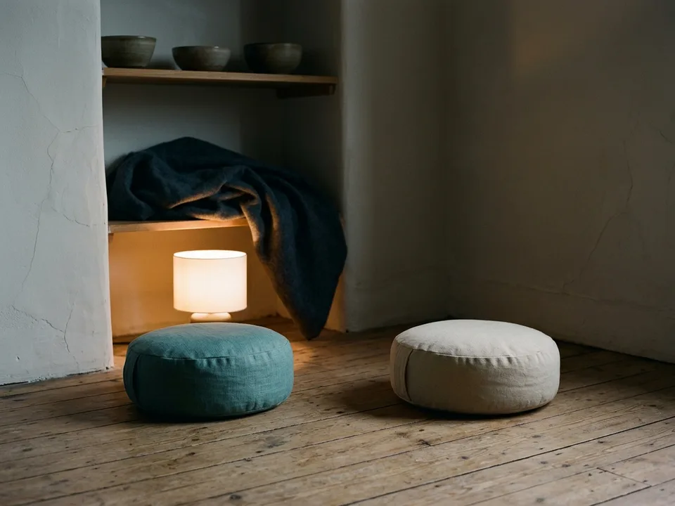 Two round meditation cushions on a bare wooden floor beside a low lamp