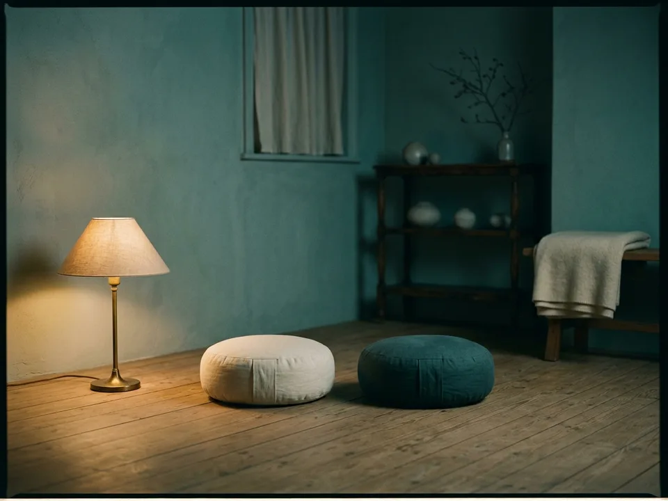 Two round meditation cushions on a bare wooden floor beside a low lamp