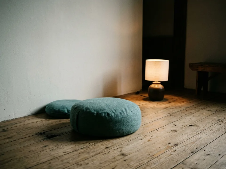 Two round meditation cushions on a bare wooden floor beside a low lamp