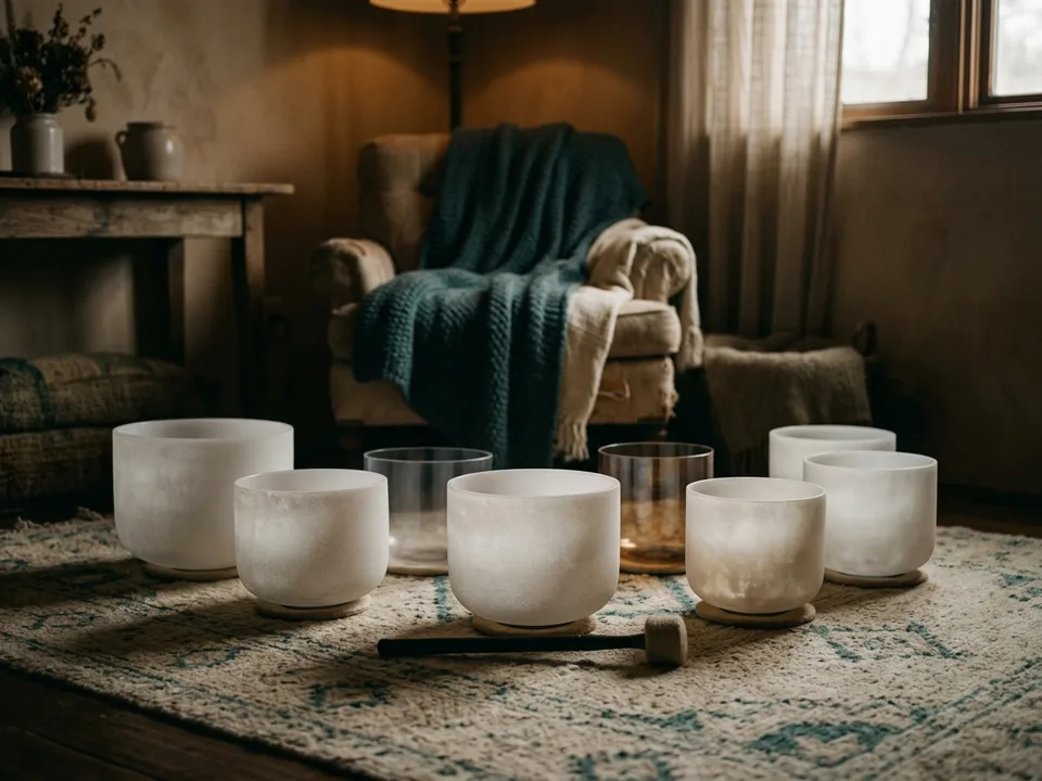 Crystal singing bowls and a mallet arranged on a rug in low lamplight