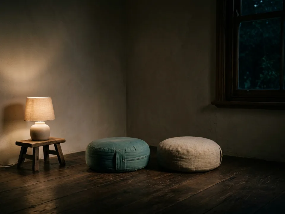 Two round meditation cushions on a bare wooden floor beside a low lamp