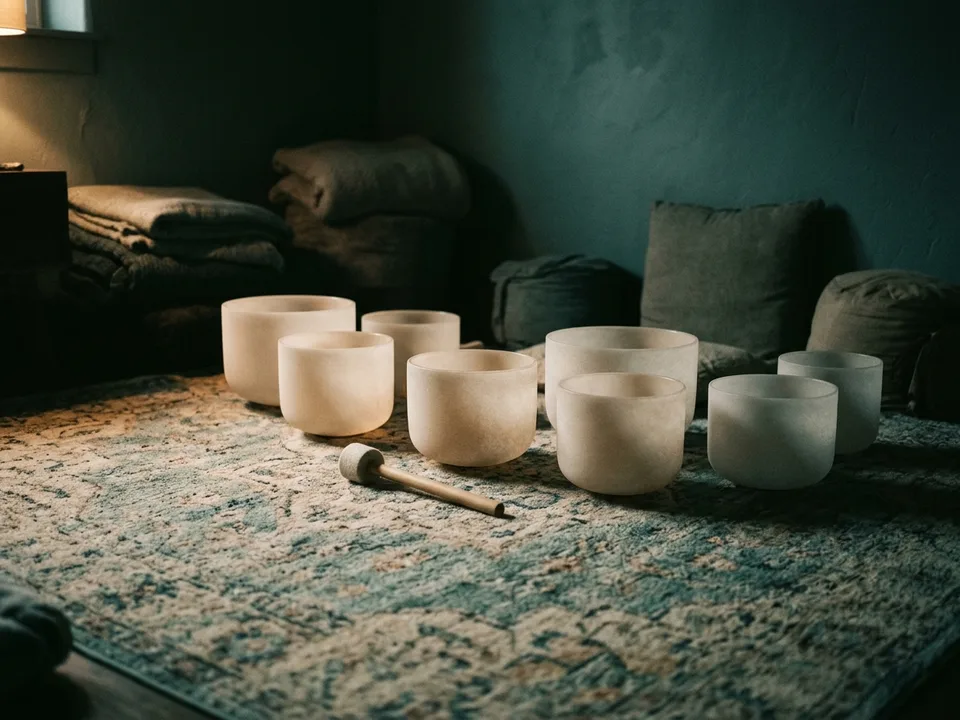 Crystal singing bowls and a mallet arranged on a rug in low lamplight