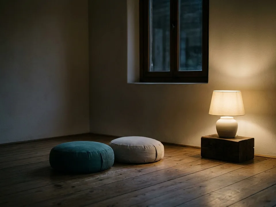 Two round meditation cushions on a bare wooden floor beside a low lamp