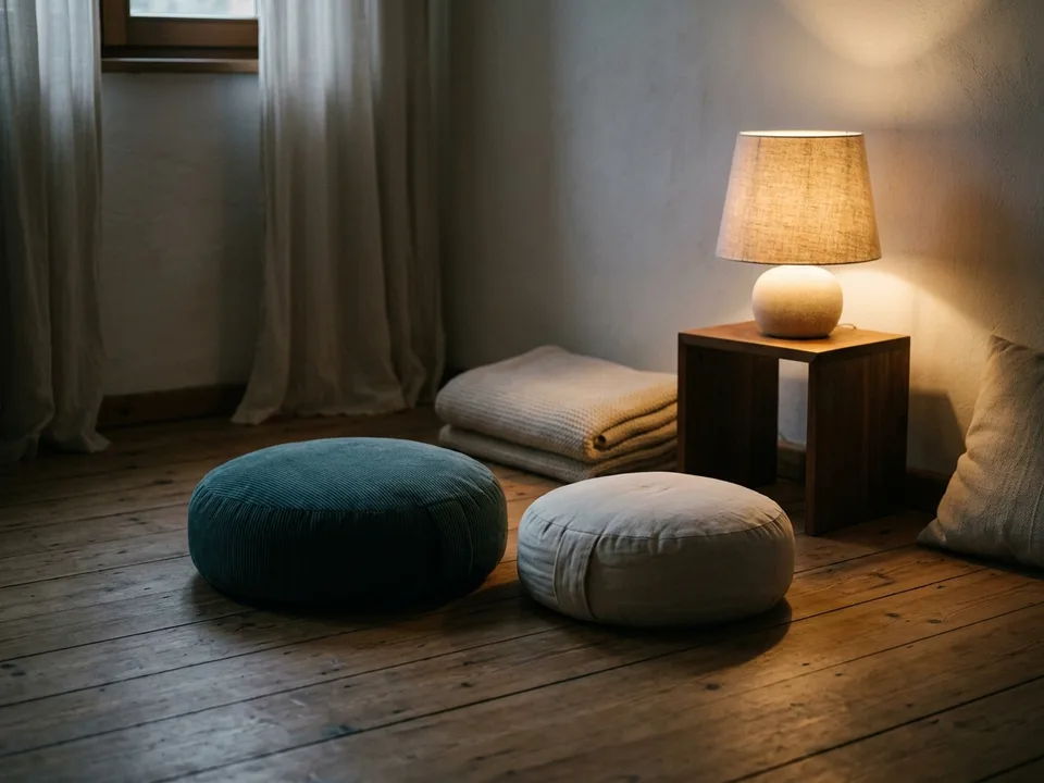 Two round meditation cushions on a bare wooden floor beside a low lamp