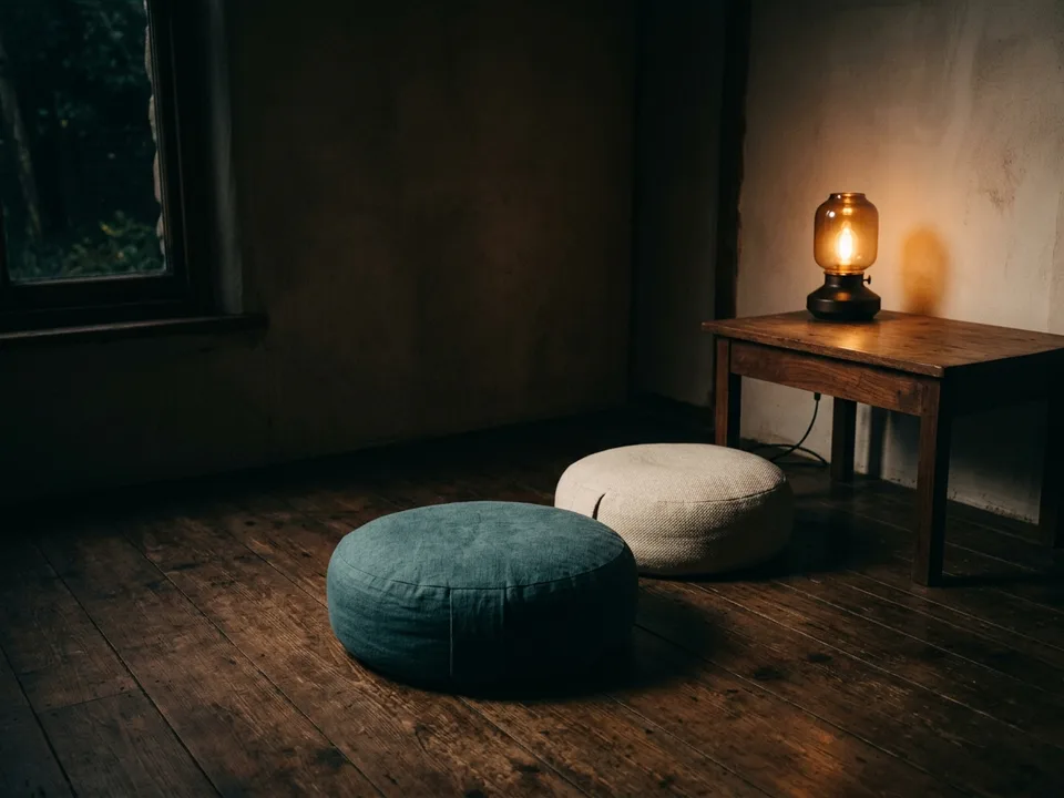 Two round meditation cushions on a bare wooden floor beside a low lamp