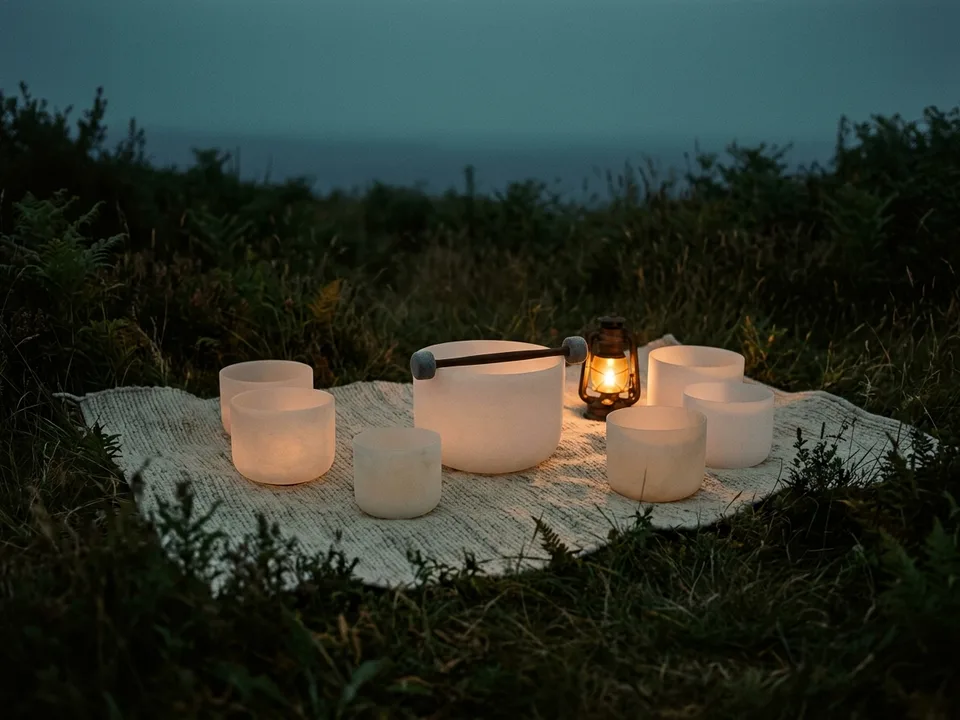 Crystal singing bowls and a mallet arranged on a rug in low lamplight