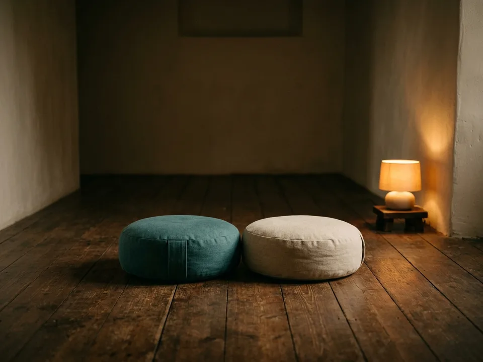 Two round meditation cushions on a bare wooden floor beside a low lamp