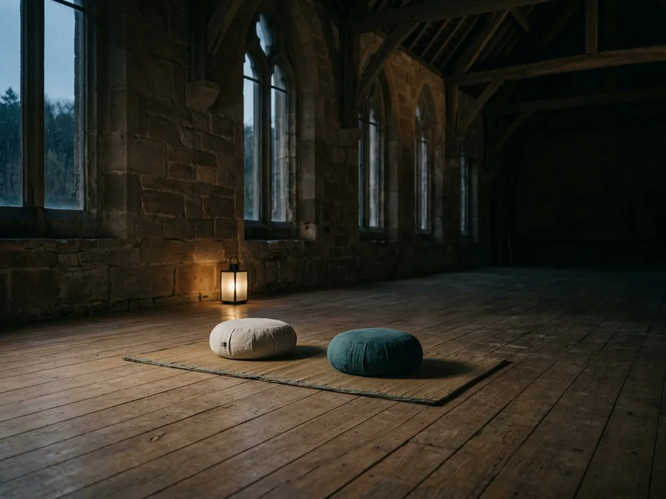 Two round meditation cushions on a bare wooden floor beside a low lamp
