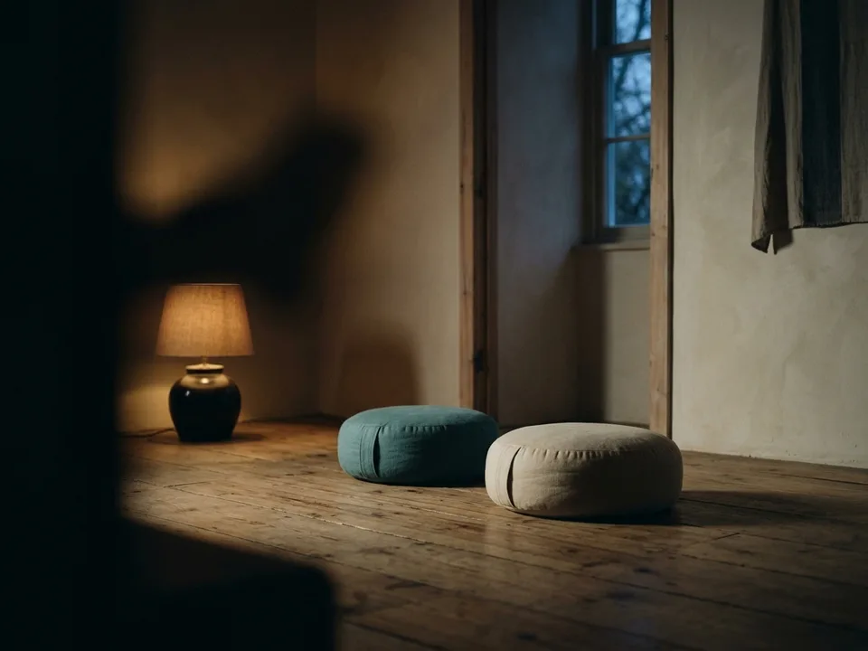 Two round meditation cushions on a bare wooden floor beside a low lamp