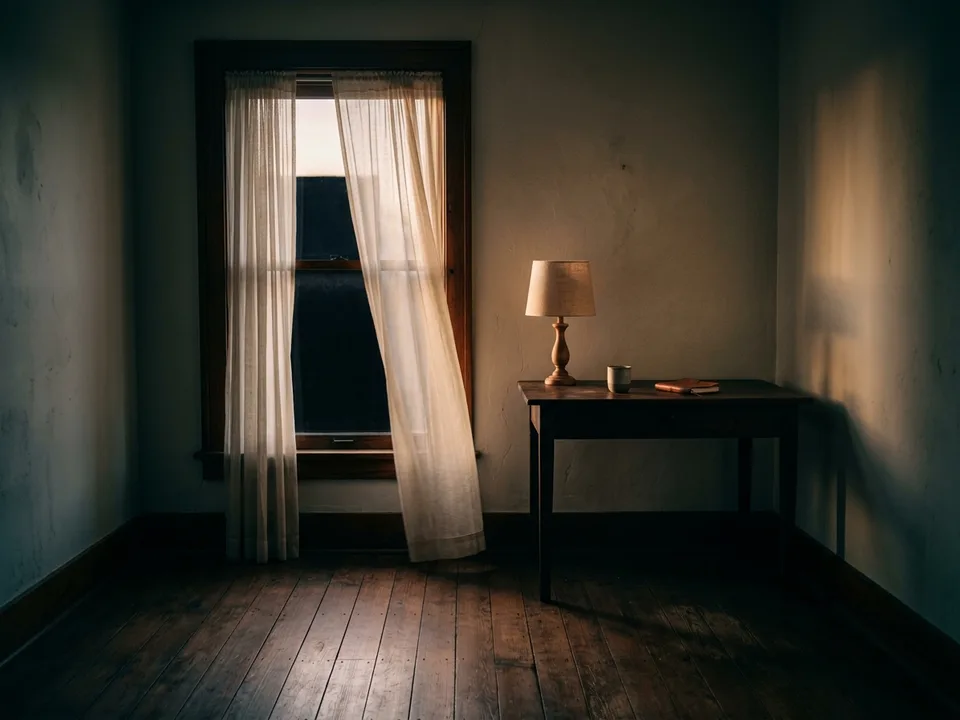 A tall window at dawn, sheer curtains and first light across an empty floor