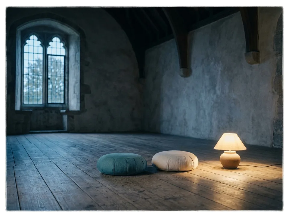 Two round meditation cushions on a bare wooden floor beside a low lamp