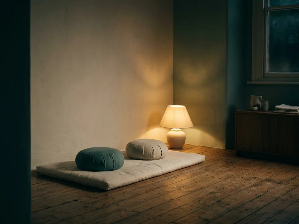 Two round meditation cushions on a bare wooden floor beside a low lamp