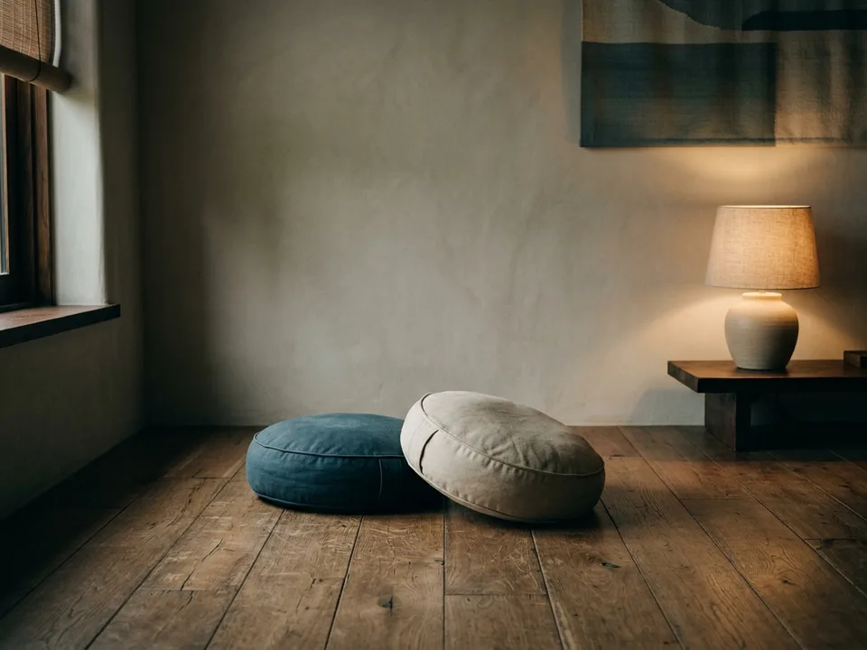 Two round meditation cushions on a bare wooden floor beside a low lamp