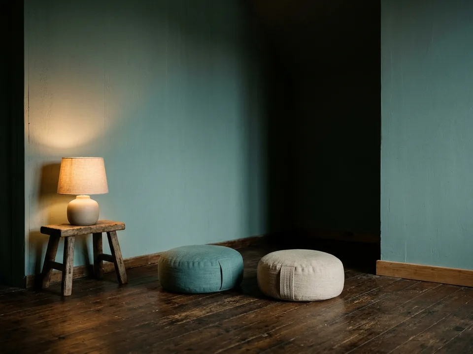 Two round meditation cushions on a bare wooden floor beside a low lamp
