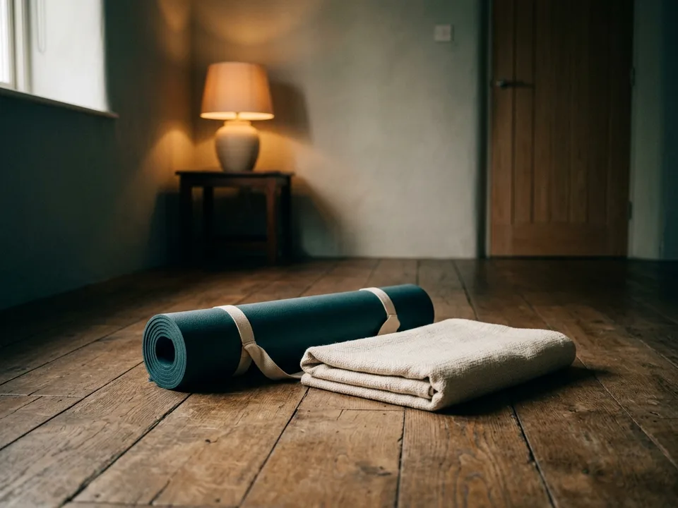 A rolled yoga mat and a folded blanket on a wooden floor in morning light