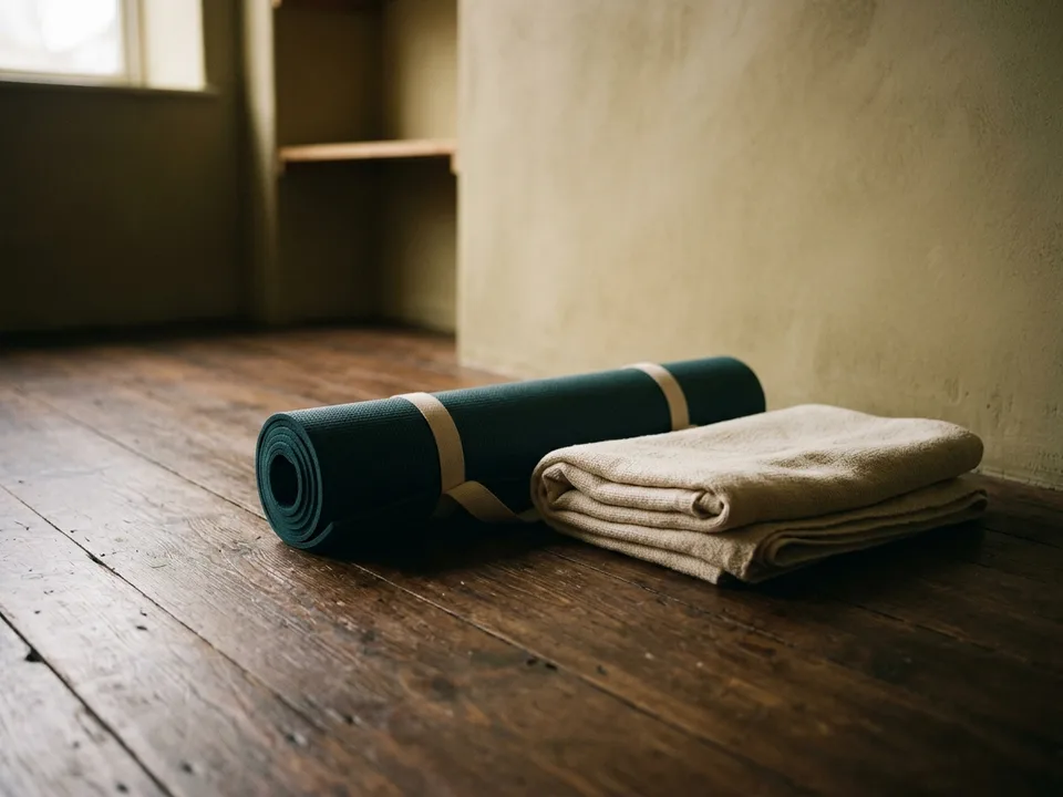 A rolled yoga mat and a folded blanket on a wooden floor in morning light