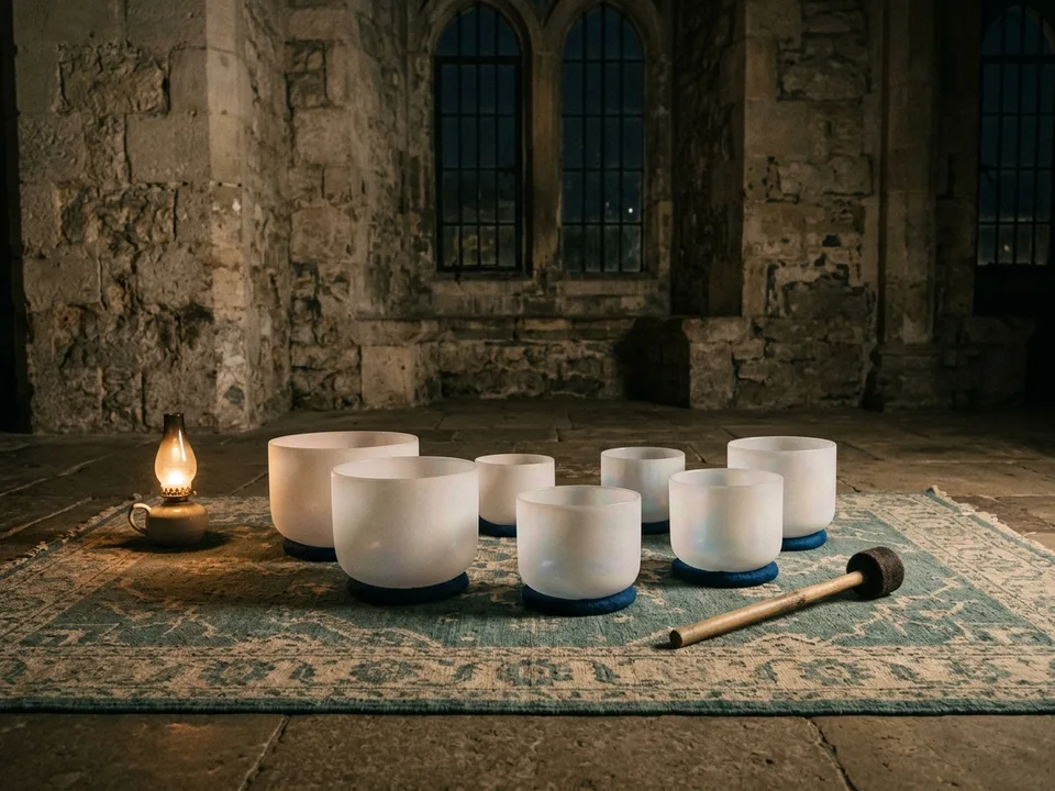 Crystal singing bowls and a mallet arranged on a rug in low lamplight