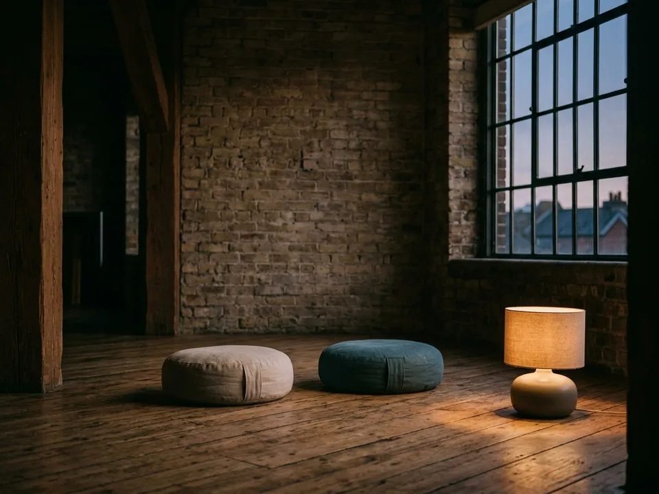 Two round meditation cushions on a bare wooden floor beside a low lamp