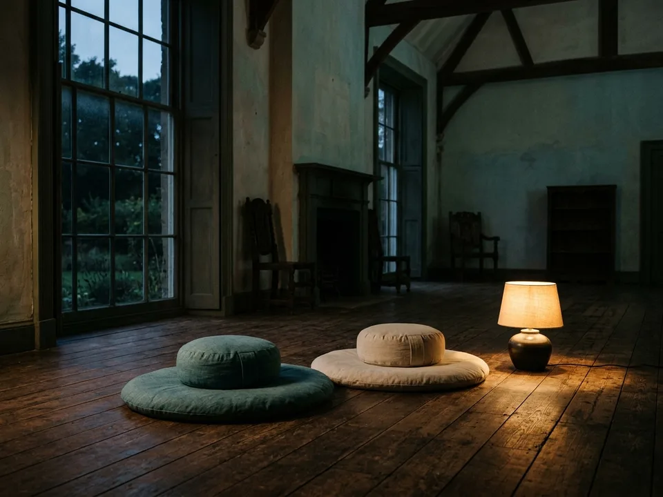 Two round meditation cushions on a bare wooden floor beside a low lamp