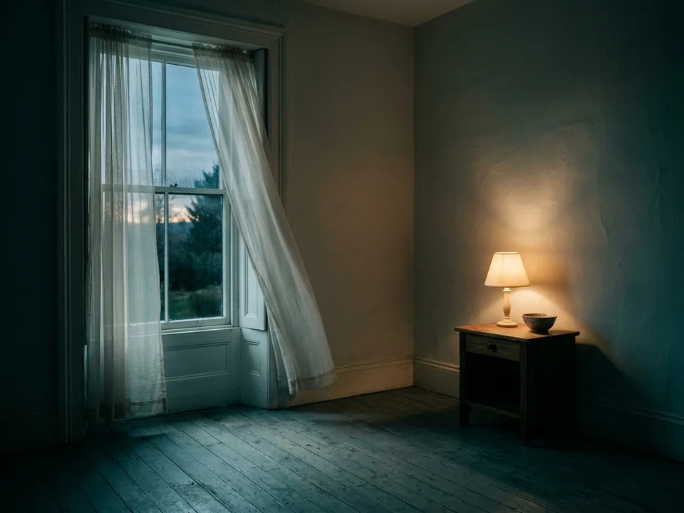 A tall window at dawn, sheer curtains and first light across an empty floor