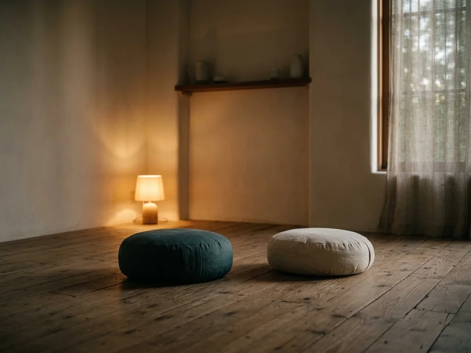 Two round meditation cushions on a bare wooden floor beside a low lamp