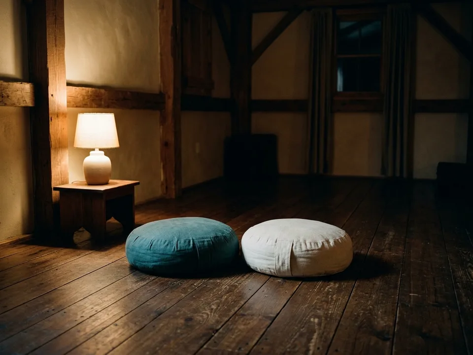 Two round meditation cushions on a bare wooden floor beside a low lamp
