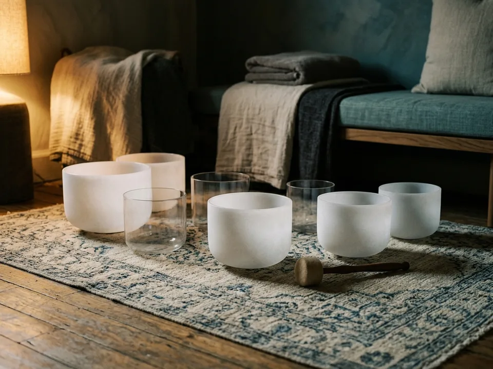 Crystal singing bowls and a mallet arranged on a rug in low lamplight