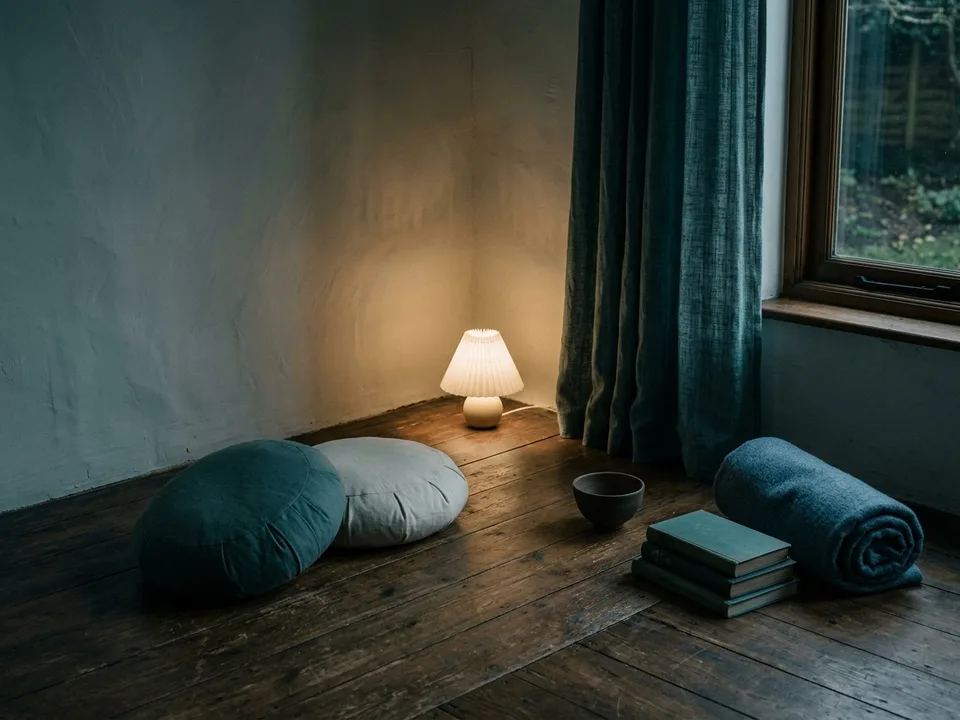 Two round meditation cushions on a bare wooden floor beside a low lamp