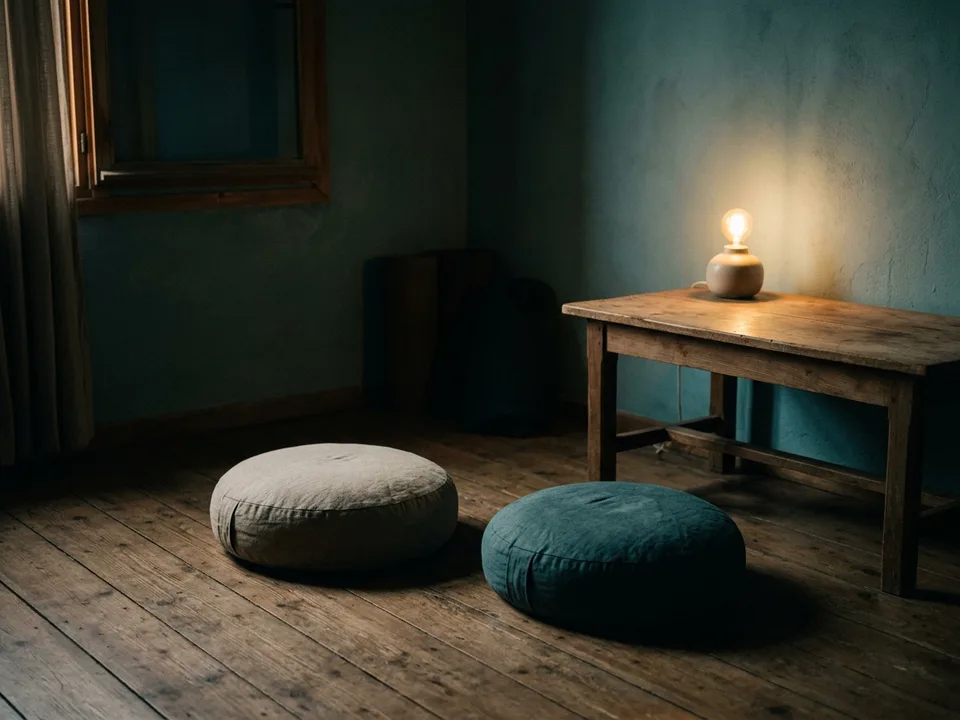 Two round meditation cushions on a bare wooden floor beside a low lamp
