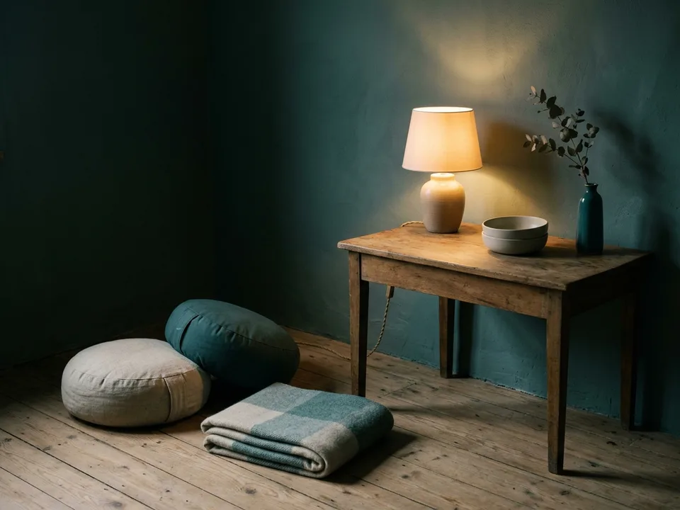 Two round meditation cushions on a bare wooden floor beside a low lamp