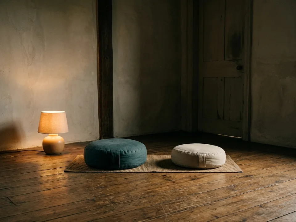Two round meditation cushions on a bare wooden floor beside a low lamp