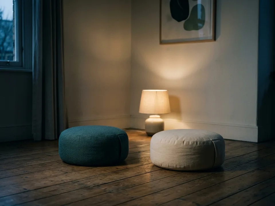 Two round meditation cushions on a bare wooden floor beside a low lamp