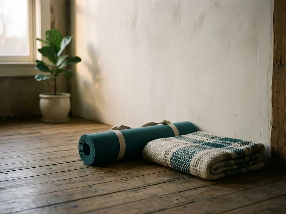 A rolled yoga mat and a folded blanket on a wooden floor in morning light