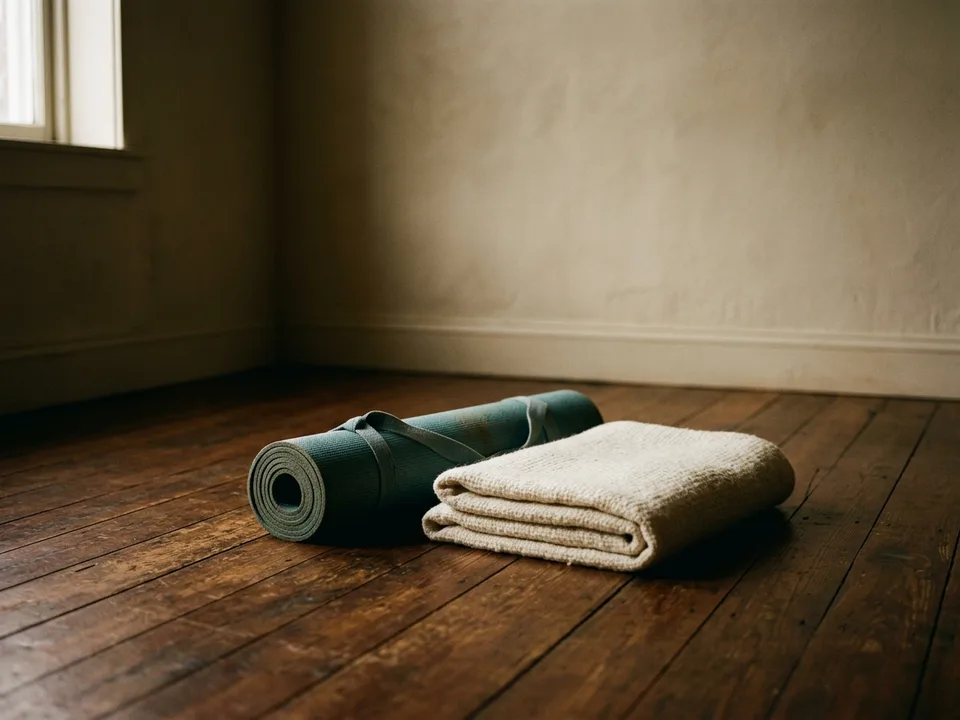 A rolled yoga mat and a folded blanket on a wooden floor in morning light