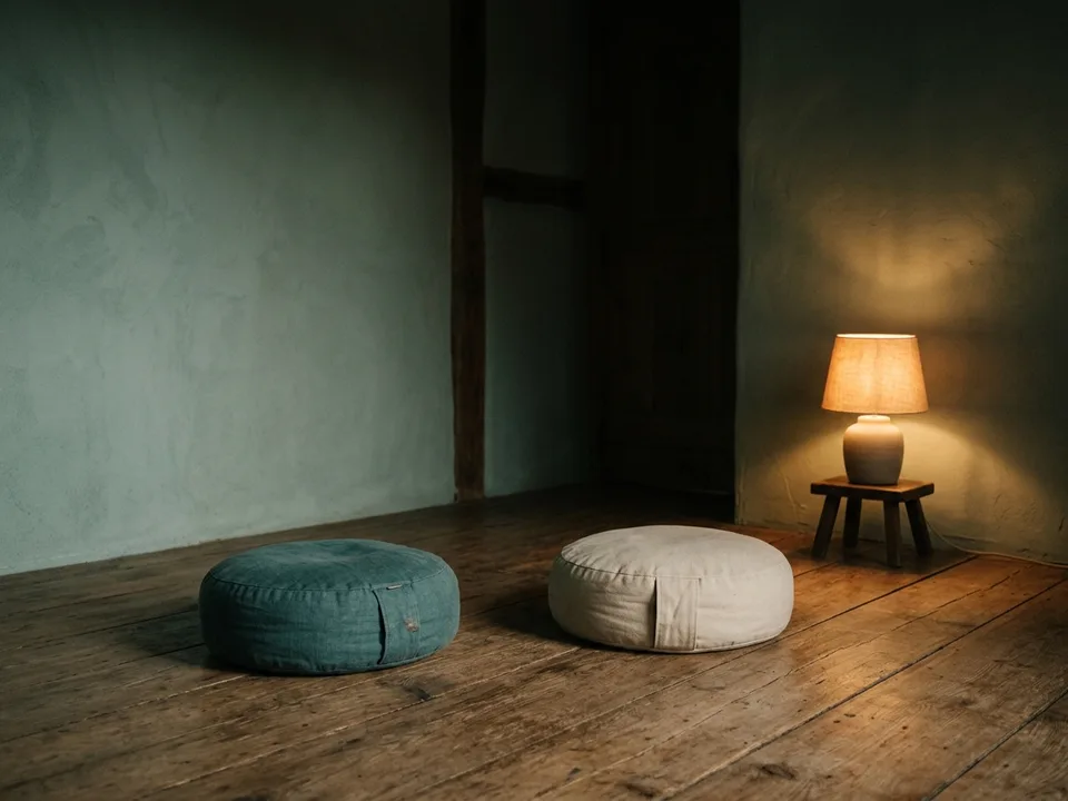 Two round meditation cushions on a bare wooden floor beside a low lamp