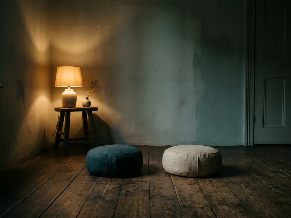 Two round meditation cushions on a bare wooden floor beside a low lamp