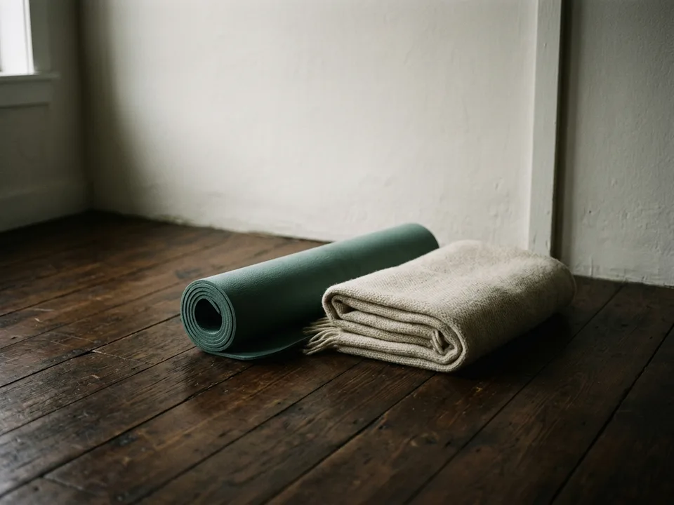 A rolled yoga mat and a folded blanket on a wooden floor in morning light