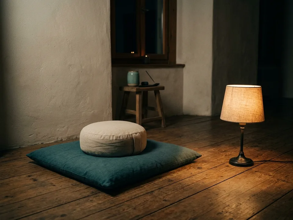 Two round meditation cushions on a bare wooden floor beside a low lamp