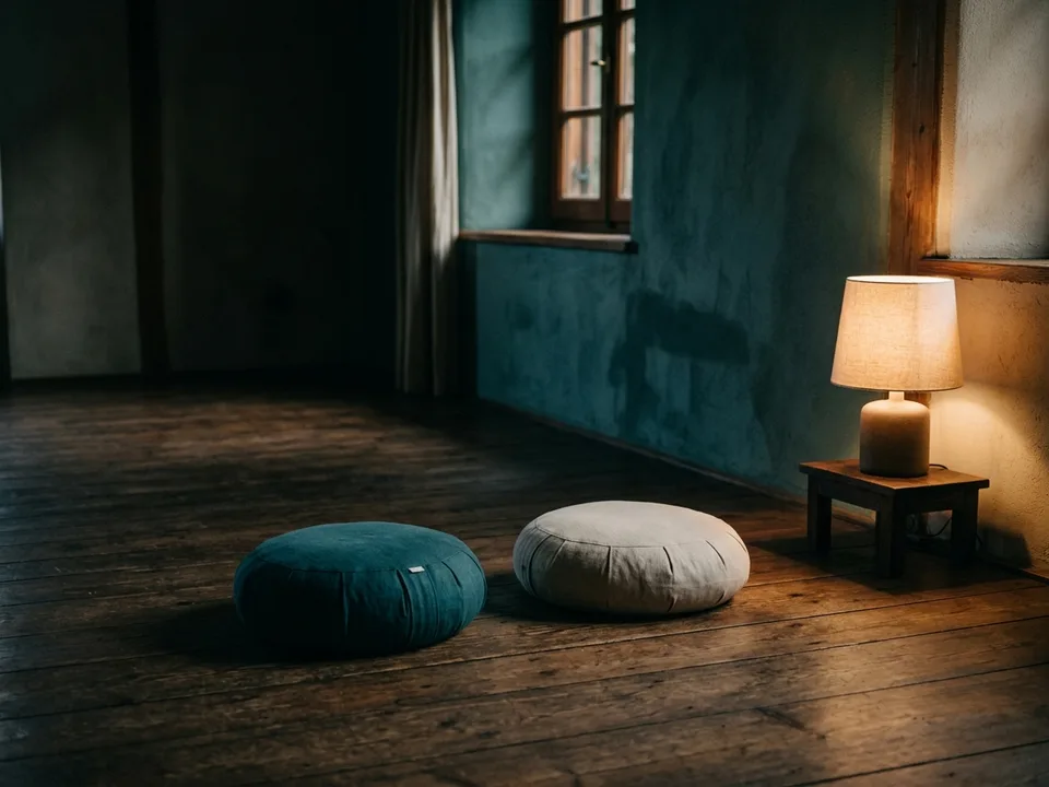 Two round meditation cushions on a bare wooden floor beside a low lamp