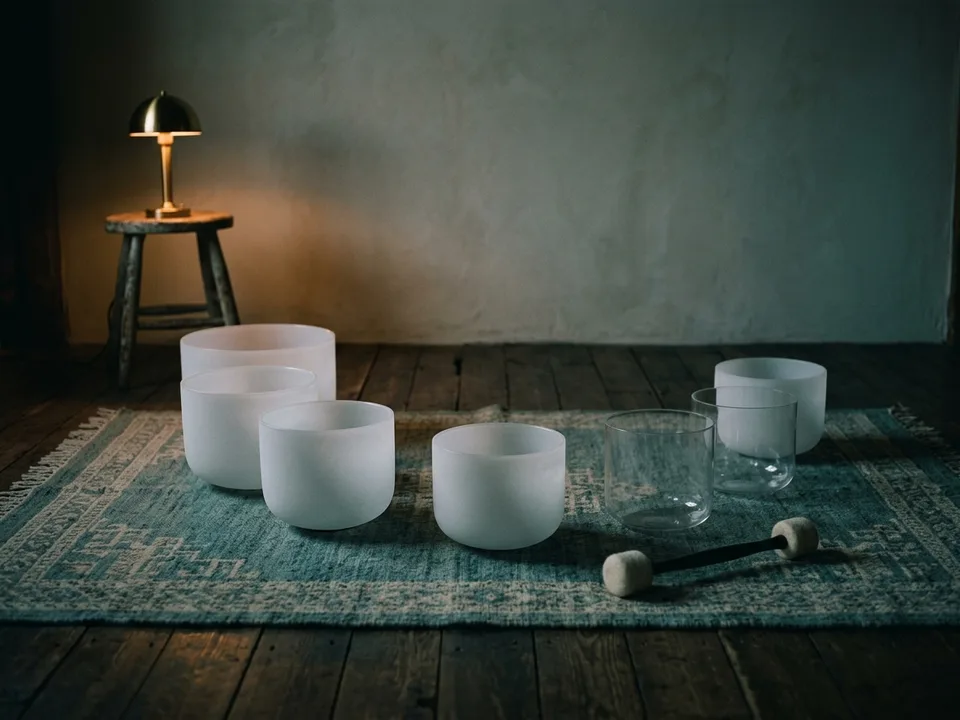 Crystal singing bowls and a mallet arranged on a rug in low lamplight