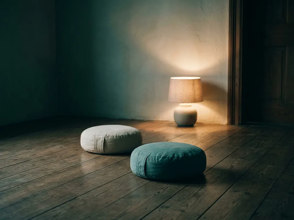 Two round meditation cushions on a bare wooden floor beside a low lamp