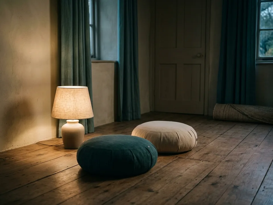 Two round meditation cushions on a bare wooden floor beside a low lamp