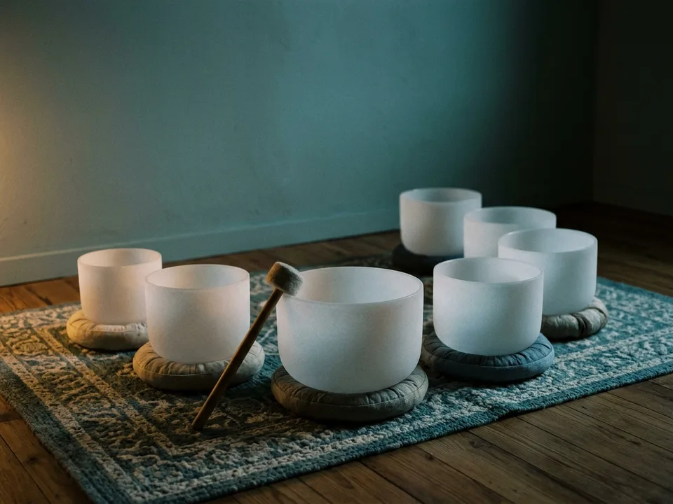 Crystal singing bowls and a mallet arranged on a rug in low lamplight