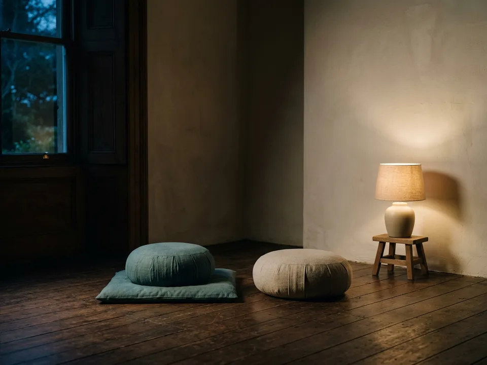 Two round meditation cushions on a bare wooden floor beside a low lamp