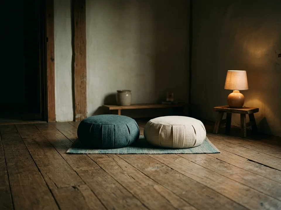 Two round meditation cushions on a bare wooden floor beside a low lamp