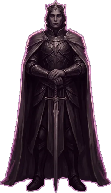 A crowned figure in a long cloak, hands resting on a sword