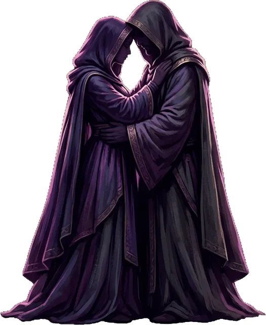 Two hooded figures in long robes holding each other close