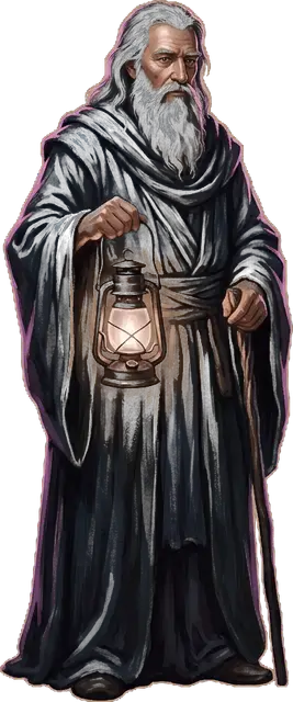 An old bearded man in dark robes holding a lit lantern and a staff
