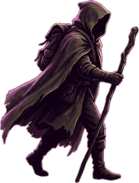 A hooded traveller with a pack and a walking staff, mid stride
